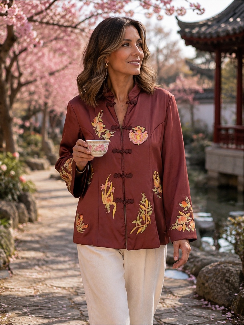 Silk Embroidered Mandarin Quilted Jacket - Rust Floral